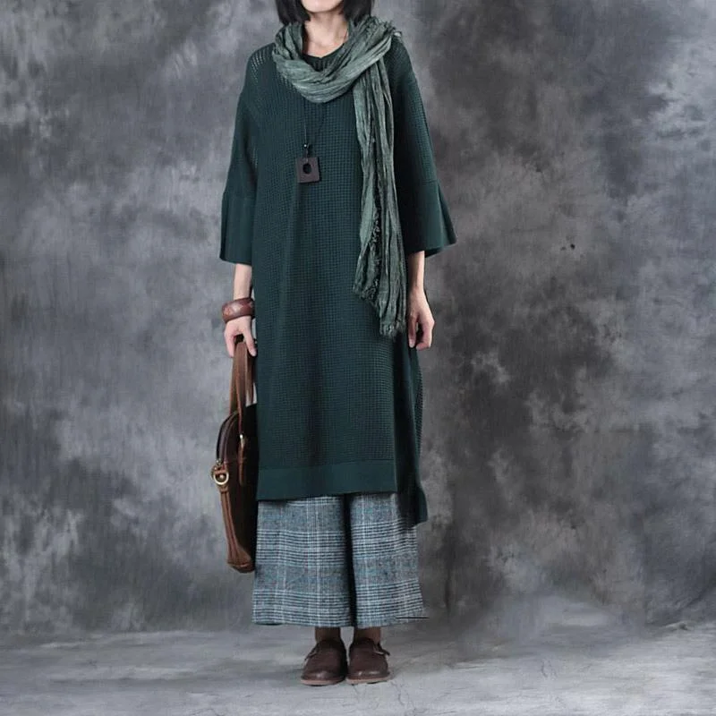 black green casual hollow out knit dress plus size v neck pullover sweater pullover Long Bell Sleeve black green casual hollow out knit dress plus size v neck pullover sweater pullover Long Bell Sleeve