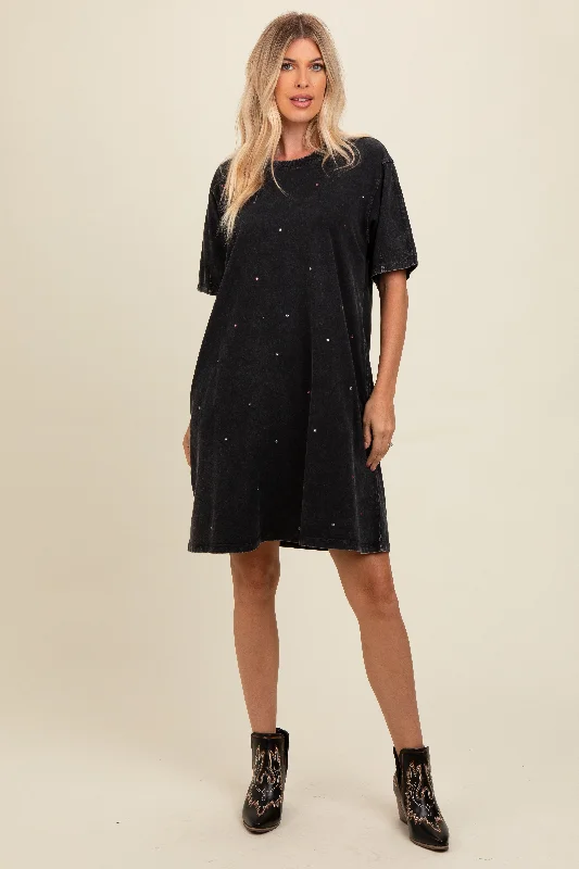 Black Rhinestone Mineral Washed T-Shirt Dress Embroidered Appliqued Beaded