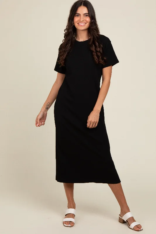 Black Short Sleeve Side Slit T-Shirt Midi Dress Chenille Blend Fleece Blend Nylon Blend Black Short Sleeve Side Slit T-Shirt Midi Dress Chenille Blend Fleece Blend Nylon Blend
