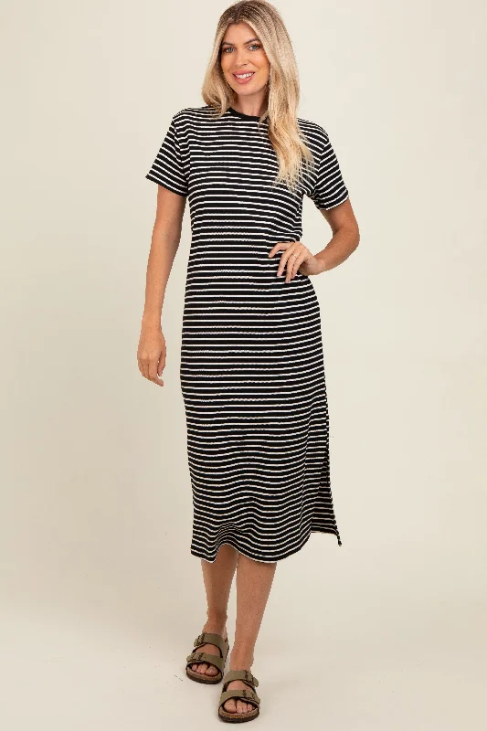 Black Striped Short Sleeve T-Shirt Midi Dress Spandex Blend Rayon Blend Denim Blend