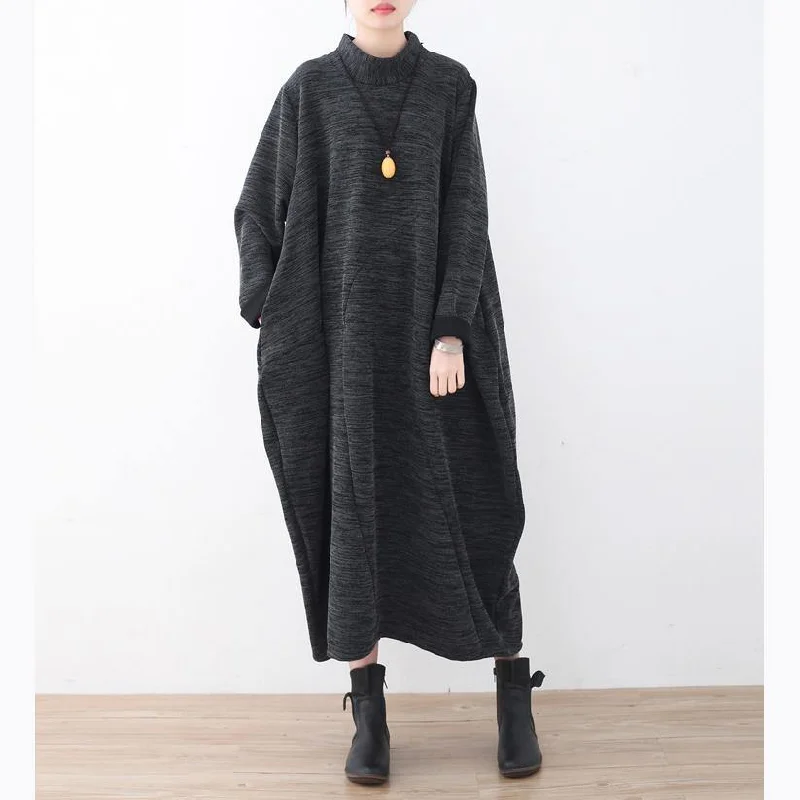 boutique dark gray knit dresses Loose fitting asymmetrical pullover vintage high neck dress Gathered Sleeve Pullover boutique dark gray knit dresses Loose fitting asymmetrical pullover vintage high neck dress Gathered Sleeve Pullover