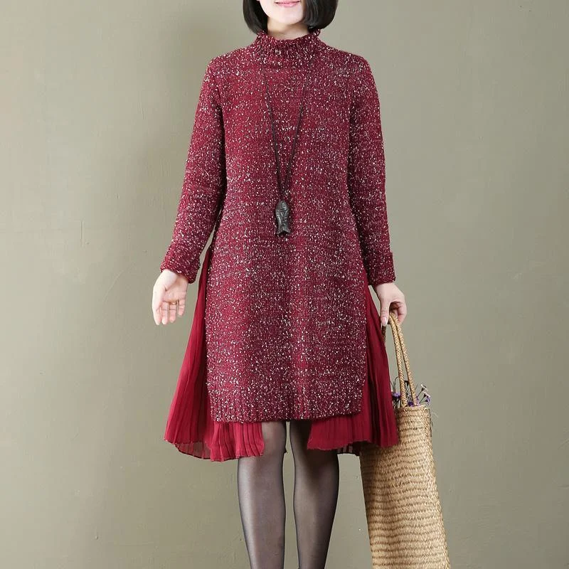 boutique red shinning pleated patchwork knit dresses oversized long sweaters pullover top quality spring dresses Cold Shoulder Design boutique red shinning pleated patchwork knit dresses oversized long sweaters pullover top quality spring dresses Cold Shoulder Design
