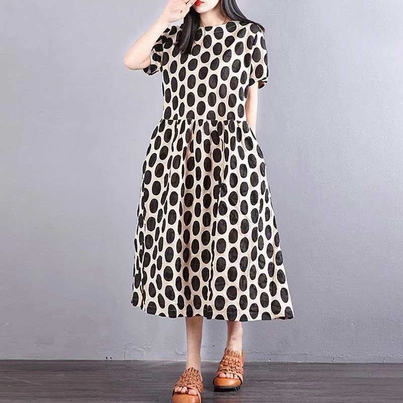 brief cotton summer dress Loose fitting Women Cotton Short Sleeve Black Dots Pullover Dress Bishop Sleeve Elegant brief cotton summer dress Loose fitting Women Cotton Short Sleeve Black Dots Pullover Dress Bishop Sleeve Elegant