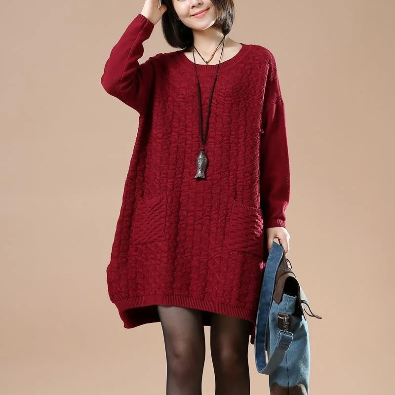Burgundy cute sweater dresses witner knit pullover Batwing Sleeve Top