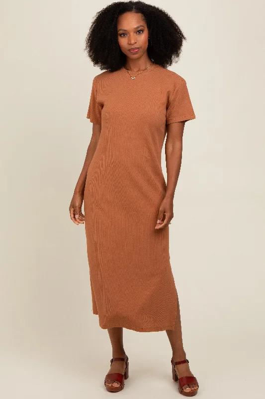 Camel Short Sleeve Side Slit T-Shirt Midi Dress Mesh Blend Leather Blend Suede Blend Camel Short Sleeve Side Slit T-Shirt Midi Dress Mesh Blend Leather Blend Suede Blend