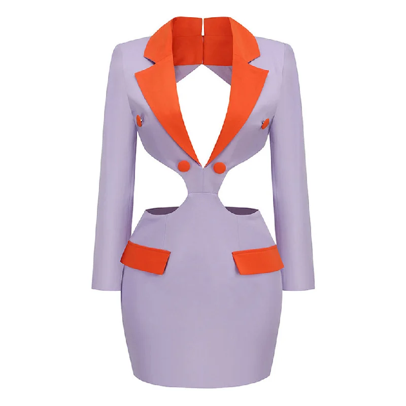 Contrast Lapel Collar Deep V Cut Out Backless Tailored Mini Blazer Dress Women's Professional Jacket Contrast Lapel Collar Deep V Cut Out Backless Tailored Mini Blazer Dress Women's Professional Jacket