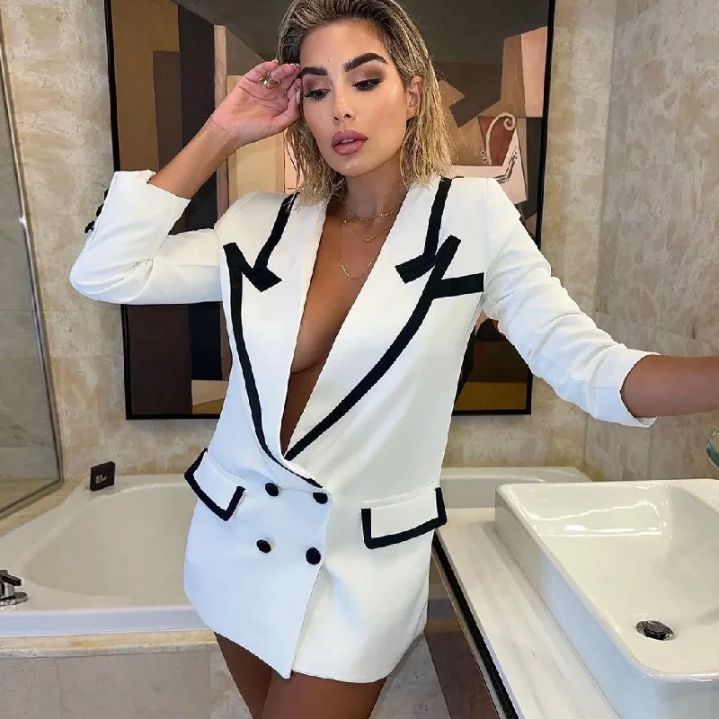 Contrast Peak Lapel Double Breasted Oversized Blazer Mini Dress - White Spring Women's Coat Contrast Peak Lapel Double Breasted Oversized Blazer Mini Dress - White Spring Women's Coat