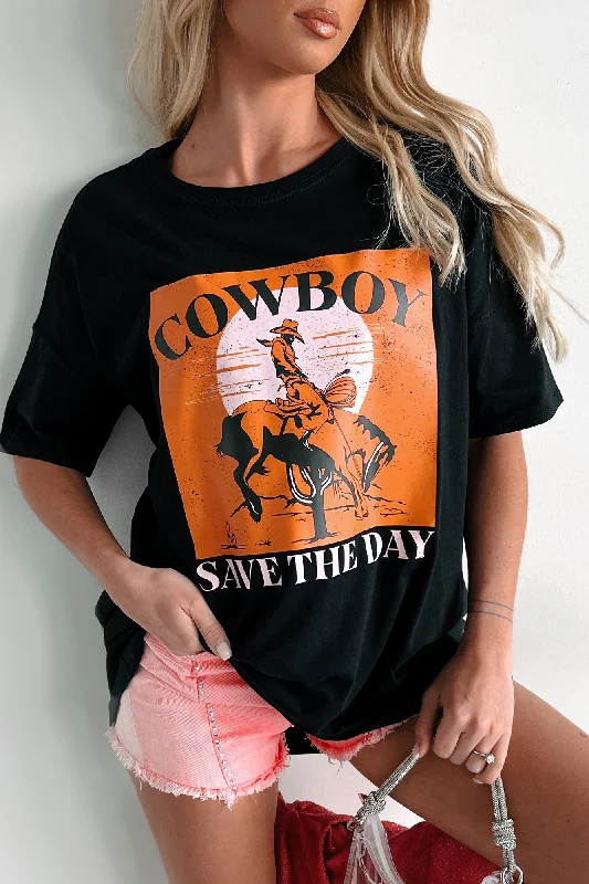 "Cowboy Save The Day" Oversized Graphic T-Shirt Dress (Black) - Print On Demand Front Pockets Side Pockets Patch Pockets "Cowboy Save The Day" Oversized Graphic T-Shirt Dress (Black) - Print On Demand Front Pockets Side Pockets Patch Pockets