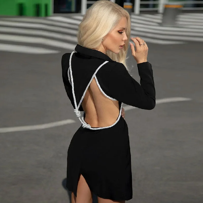Crystal Knot Backless Single Breasted Tailored Blazer Mini Dress - Black Women's Casual Suit Crystal Knot Backless Single Breasted Tailored Blazer Mini Dress - Black Women's Casual Suit