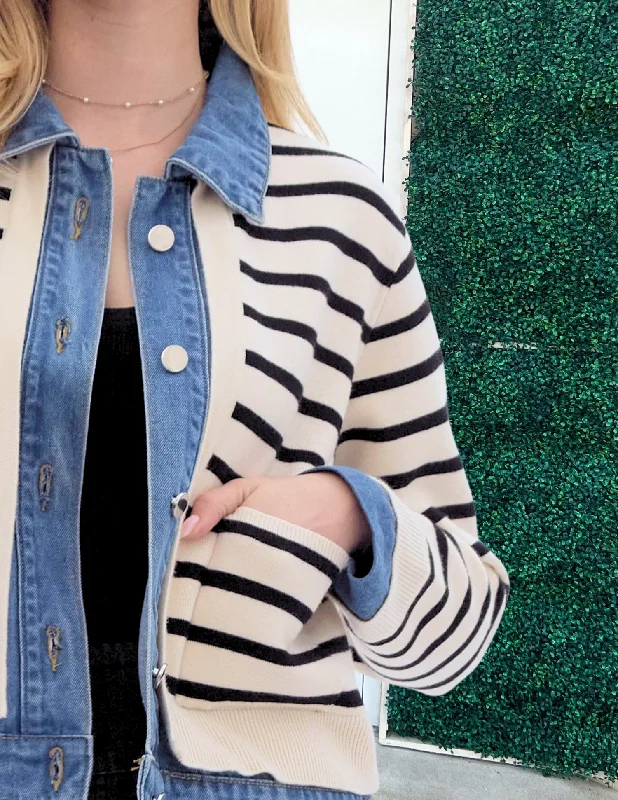 Mock Layered Sweater Over Denim Jacket Boat Neck Shawl Collar Notched Collar