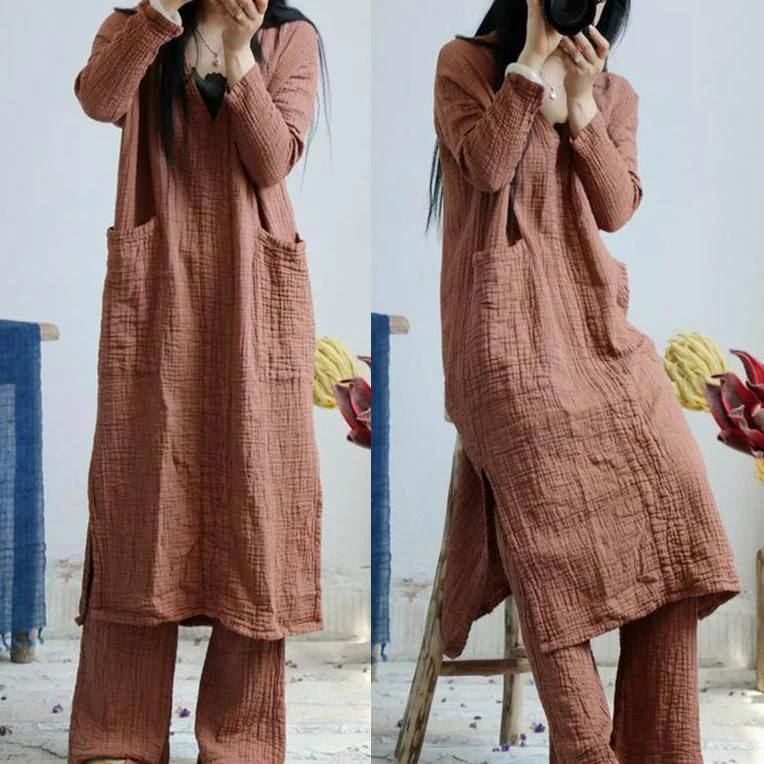 DIY linen clothes For Women plus size Women Literary Solid Split Spring Pullover Loose Dress Seamless Knit Pullover