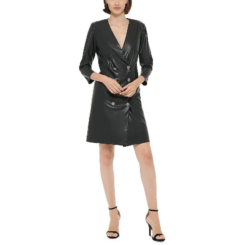 DKNY Womens Faux Leather Blazer Shirtdress Women's Denim Suit