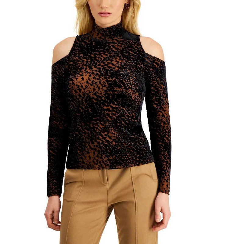 Donna Karan Womens Animal Print Pullover Top Ruffle Neck Pullover