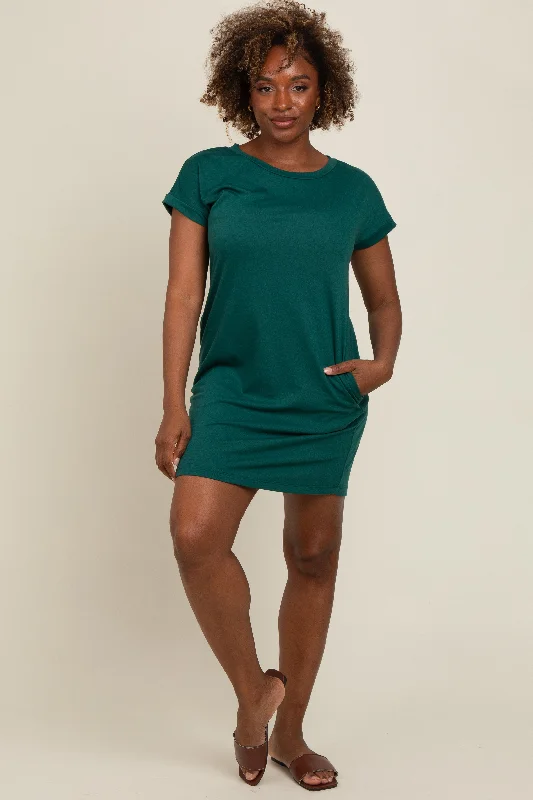 Forest Green Short Sleeve T-Shirt Dress Zippered Front Buttoned Front Snap Front