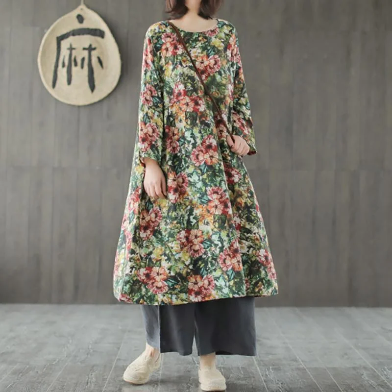 French linen clothes For Women Korea Linen Printing Pullover Spring Midi Dress Keyhole Neck Pullover