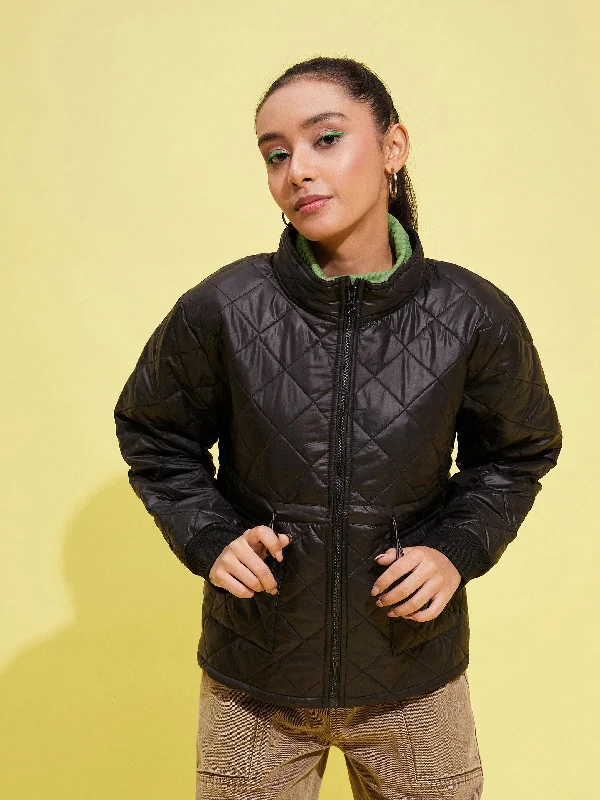 Girls Black Front Pocket Quilted Jacket Front Pockets Side Pockets Patch Pockets