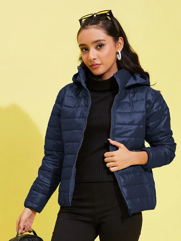 Girls Navy Quilted Hooded Jacket Print Jacket Jacquard Jacket Patchwork Jacket