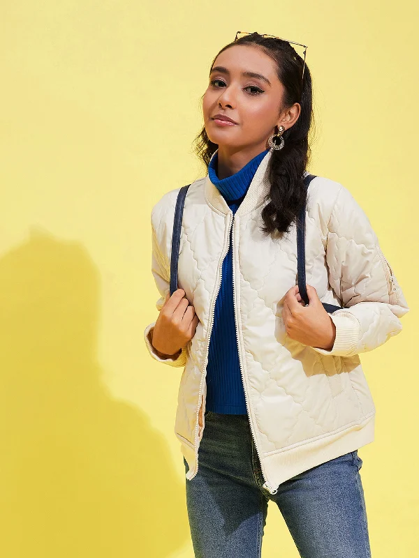 Girls Off White Quilted Bomber Jacket Elasticated Jacket Padded Jacket Insulated Jacket Girls Off White Quilted Bomber Jacket Elasticated Jacket Padded Jacket Insulated Jacket