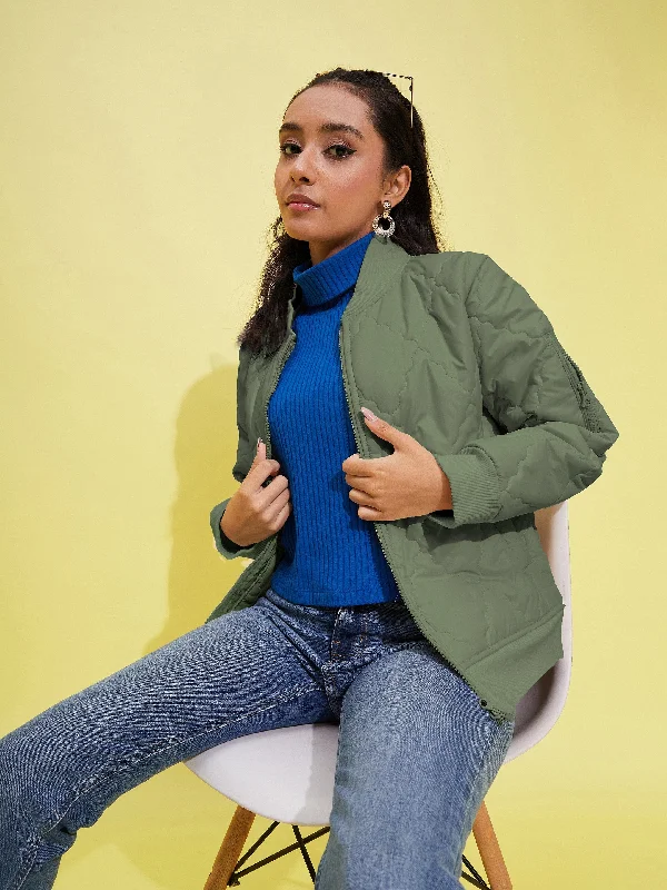 Girls Olive Quilted Bomber Jacket Belted Jacket Elasticated Jacket Padded Jacket