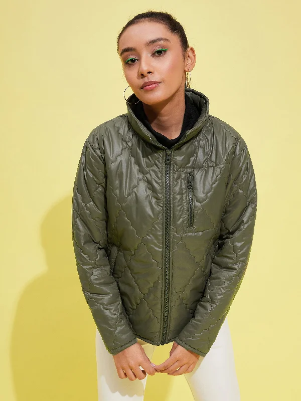 Girls Olive Quilted Zipper Jacket Boat Neck Shawl Collar Notched Collar