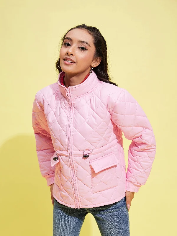 Girls Pink Front Pocket Quilted Jacket A-Line Jacket Boat Neck Shawl Collar