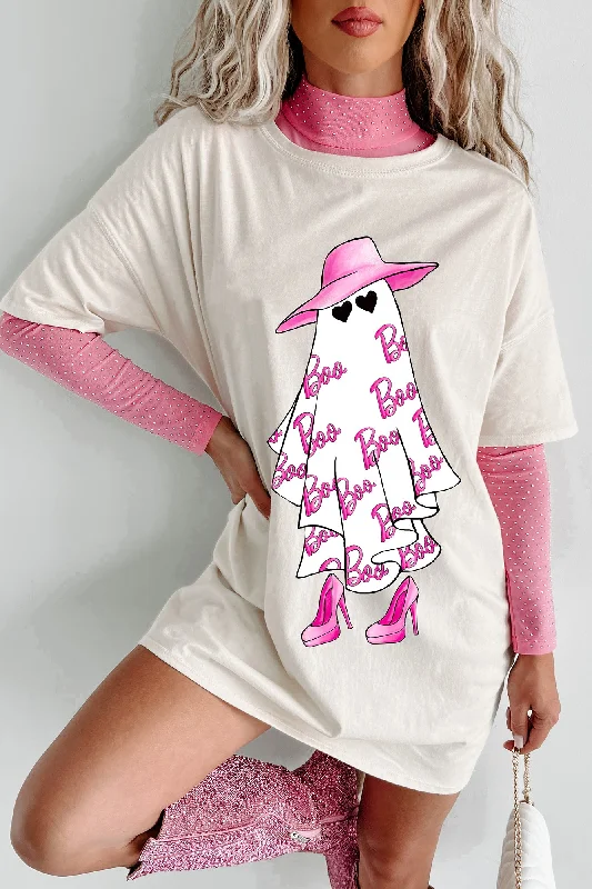 Girly Ghost Oversized Graphic T-Shirt Dress (Vanilla) - Print On Demand Embroidered Appliqued Beaded