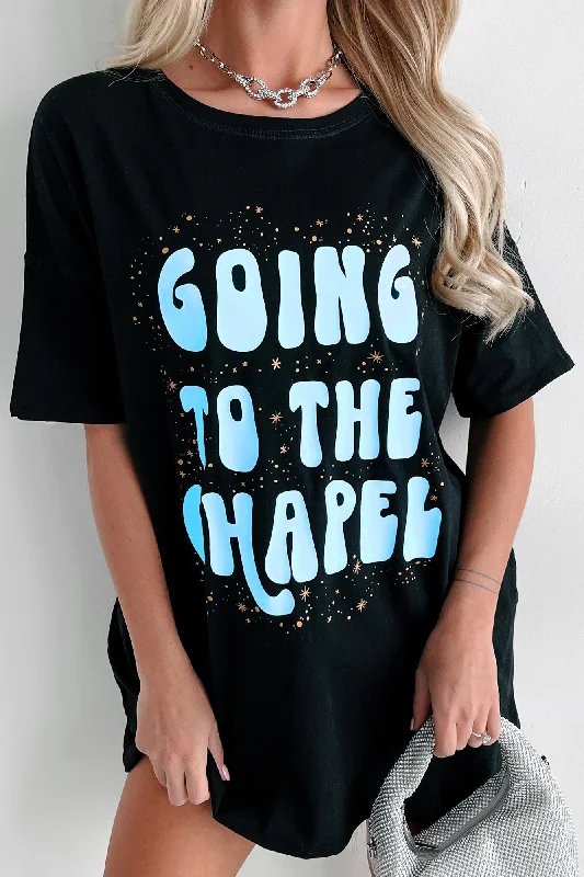 "Going To The Chapel" Oversized Metallic Graphic T-Shirt Dress (Black) - Print On Demand Polka Dot Checkered Tartan