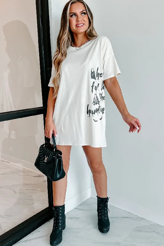 "Here For The Haunting" Oversized Graphic T-Shirt Dress (Vanilla) - Print On Demand Ribbed T-Shirt High Neck Heavyweight "Here For The Haunting" Oversized Graphic T-Shirt Dress (Vanilla) - Print On Demand Ribbed T-Shirt High Neck Heavyweight