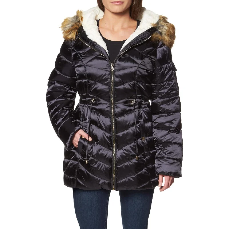 Jessica Simpson Puffer Coat for Women-Faux Fur Cozy Lined Quilted Winter Jacket Front Pockets Side Pockets Patch Pockets