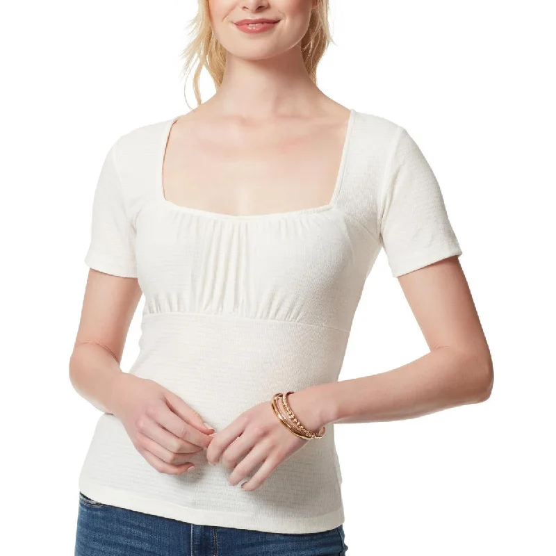 Jessica Simpson Womens Ruched Square-Neck Pullover Top Asymmetrical Hem Sweater