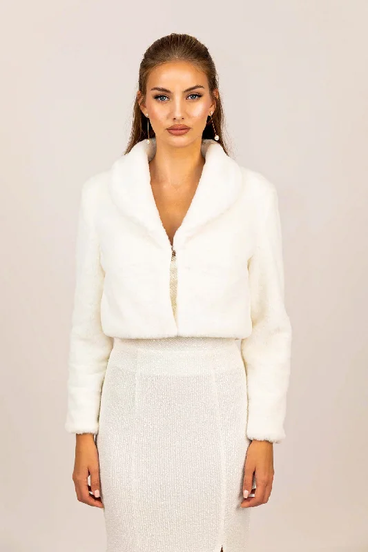 Julieta Faux Fur Collar Jacket - White Plaid Jacket Tartan Jacket Houndstooth Jacket
