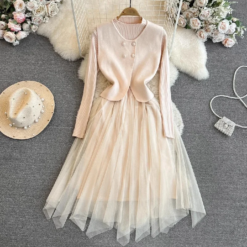 long-sleeved knitted patchwork A-line mesh dress two-piece vest jacket S4096 Chenille Fabric Brocade Fabric Lace Fabric long-sleeved knitted patchwork A-line mesh dress two-piece vest jacket S4096 Chenille Fabric Brocade Fabric Lace Fabric