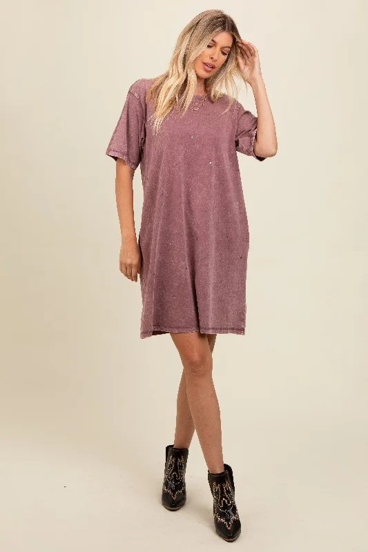 Mauve Rhinestone Mineral Washed T-Shirt Dress Solid Print Embellished