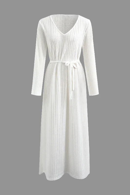 Solid Tie V-neck Long Sleeve Sweater Dress Zippered Buttoned Snapped