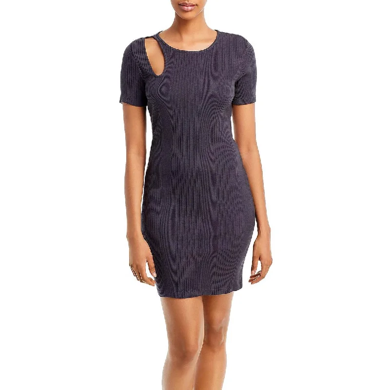Monrow Womens Cut-Out Ribbed T-Shirt Dress Mesh Fabric Canvas Fabric Denim Fabric