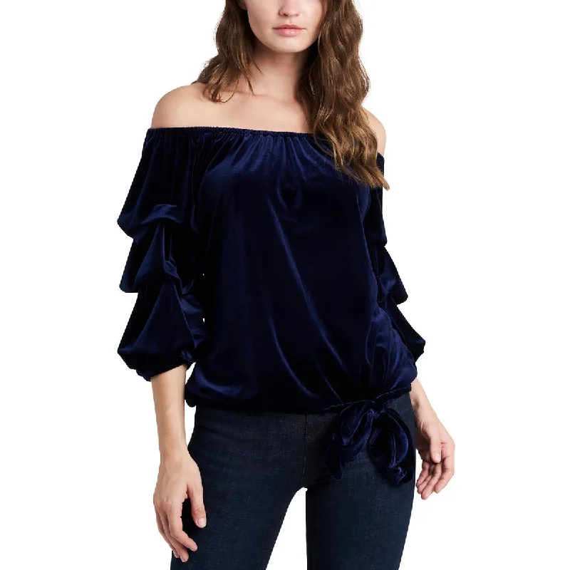 MSK Womens Velvet Blouson Pullover Top Ruffled Neck Pullover