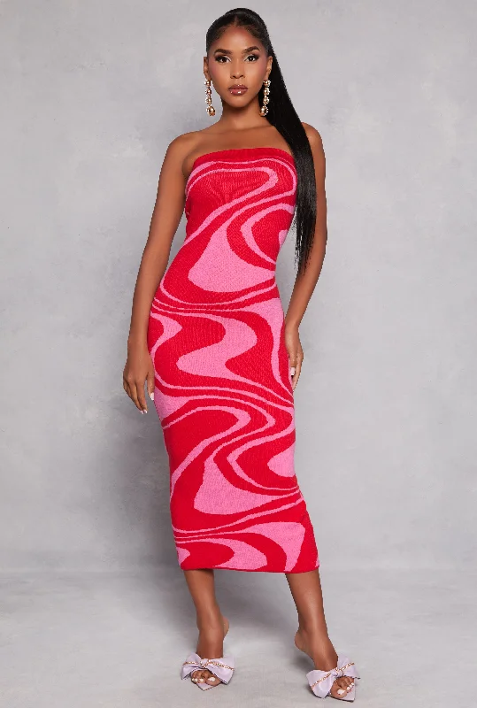 Swirl Print Tube Sweater Dress Polka Dot Checkered Tartan