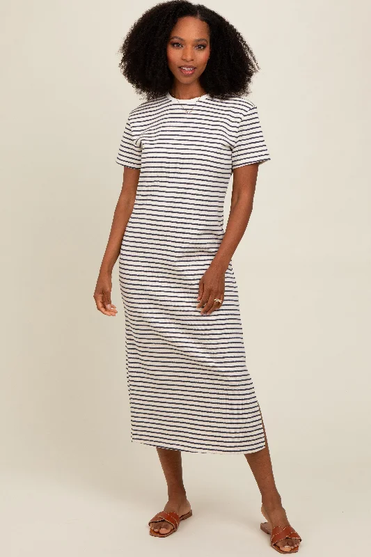 Navy Striped Short Sleeve T-Shirt Midi Dress Striped Floral Plaid