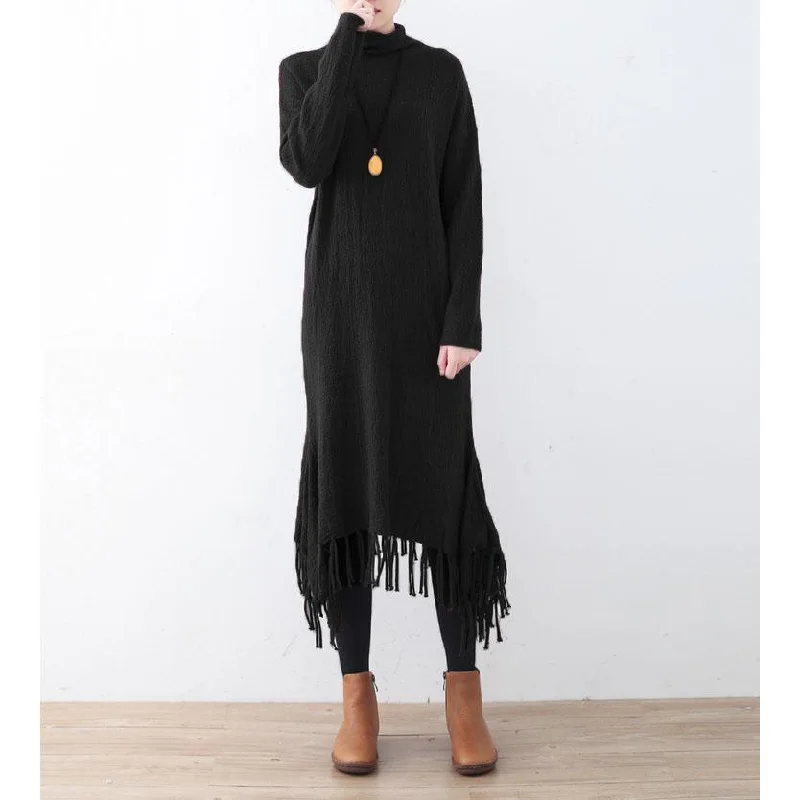 New black knit dresses oversize high neck spring dresses pockets Tassel pullover Short Puff Sleeve New black knit dresses oversize high neck spring dresses pockets Tassel pullover Short Puff Sleeve