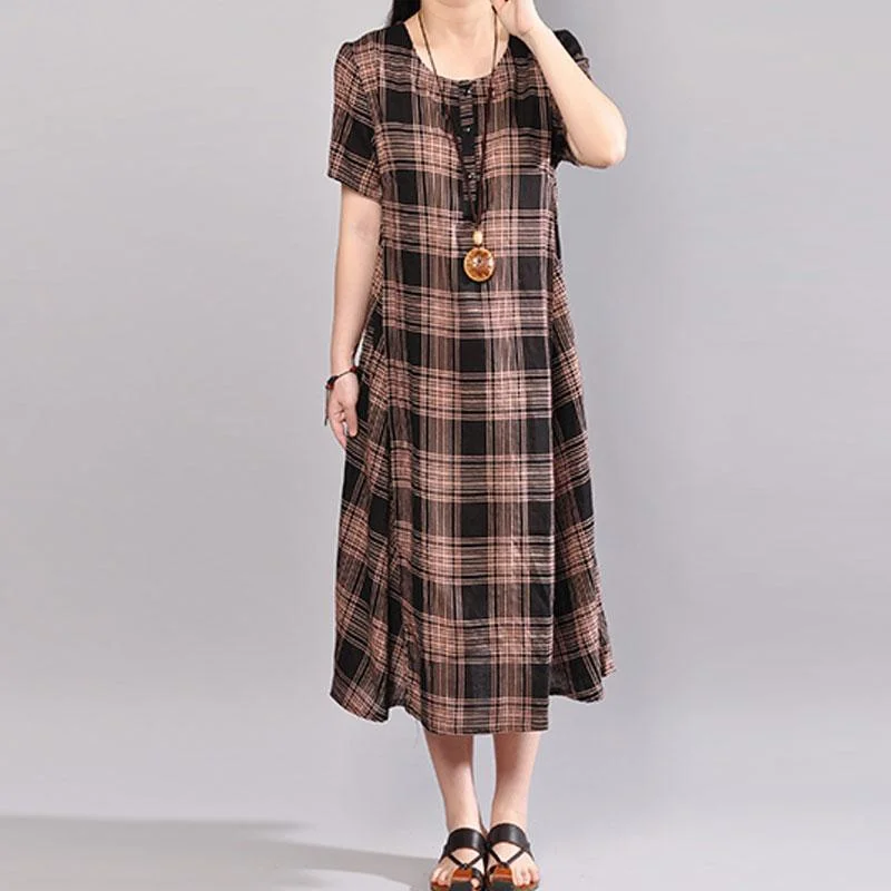 New linen dress trendy plus size Cotton Short Sleeve Pullover Black Plaid Dress Over Sleeve Pullover New linen dress trendy plus size Cotton Short Sleeve Pullover Black Plaid Dress Over Sleeve Pullover