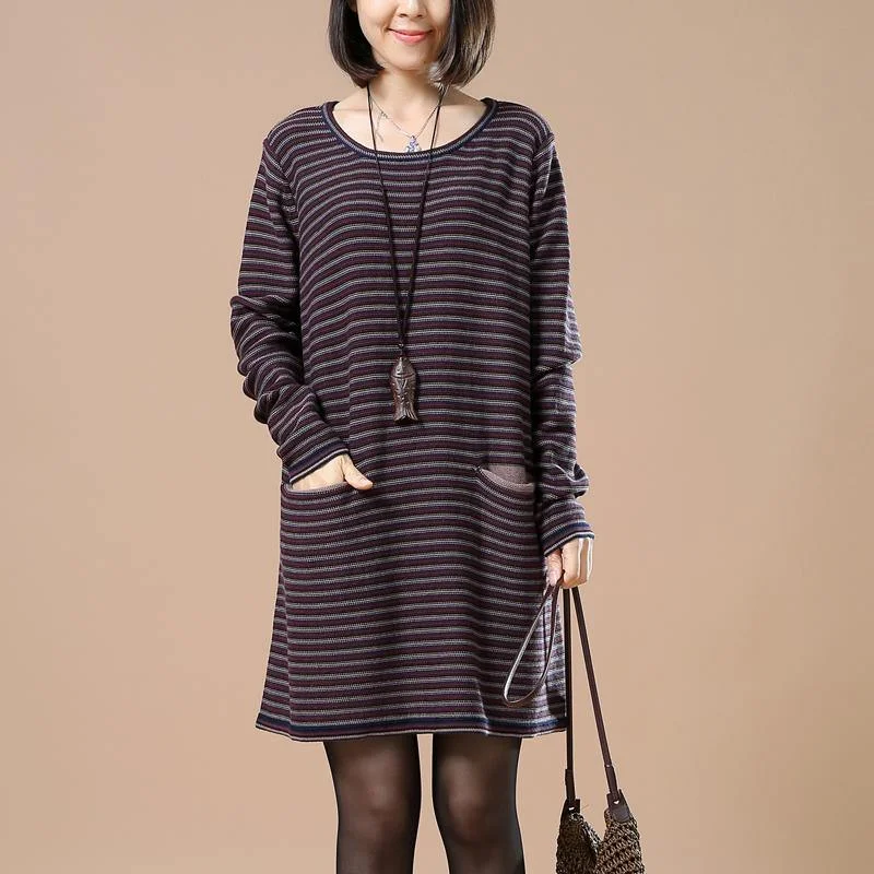 New navy striped sweater dresses plus size clothing pullover Elegant split pockets pullover sweater Puff Sleeve Stylish New navy striped sweater dresses plus size clothing pullover Elegant split pockets pullover sweater Puff Sleeve Stylish