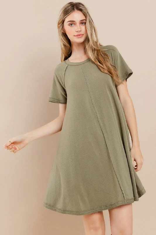 Olive Solid T-shirt Mini Dress V-Neck T-Shirt Long Sleeve Cotton