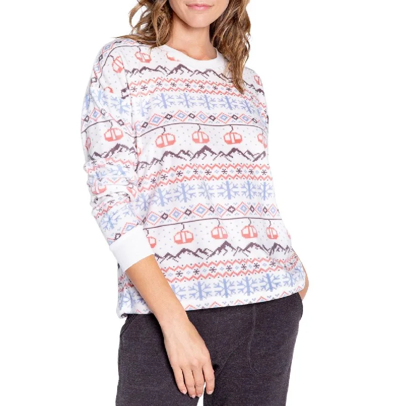 P.J. Salvage Womens Stay Lifted Crewneck Snowflakes Pullover Top Faux Fur Trim