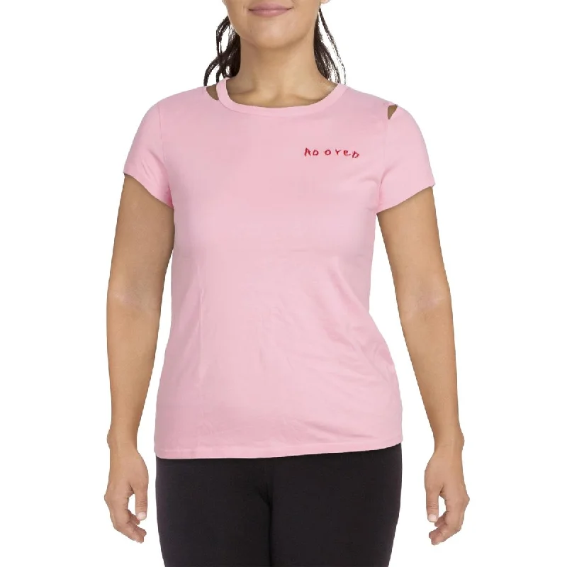 Pam & Gela Womens Distressed Cotton T-Shirt Zippered Buttoned Snapped