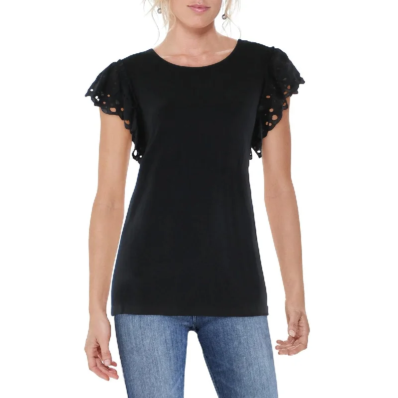Patrizia Luca Womens Eyelet Ruffled Sleeve Pullover Top Boat Neck Sweater
