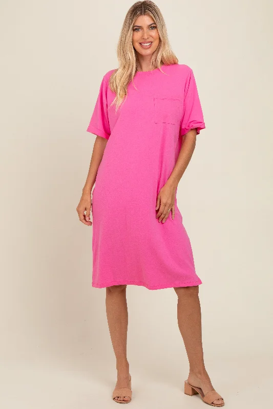 Pink Oversized Round Neck T-Shirt Dress Terry Blend Velvet Blend Canvas Blend