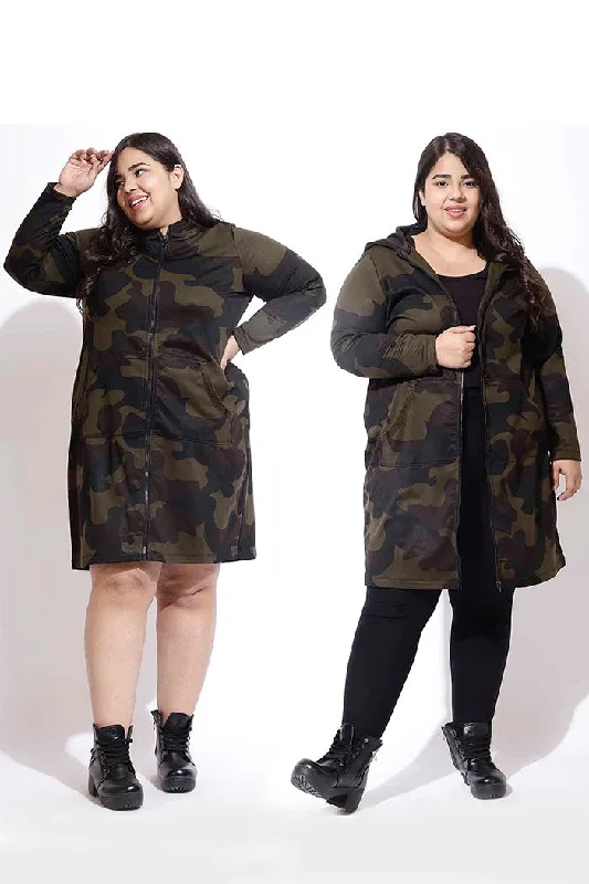 Olive Camouflage Jacket Dress Toggled Jacket Drawstring Jacket Belted Jacket