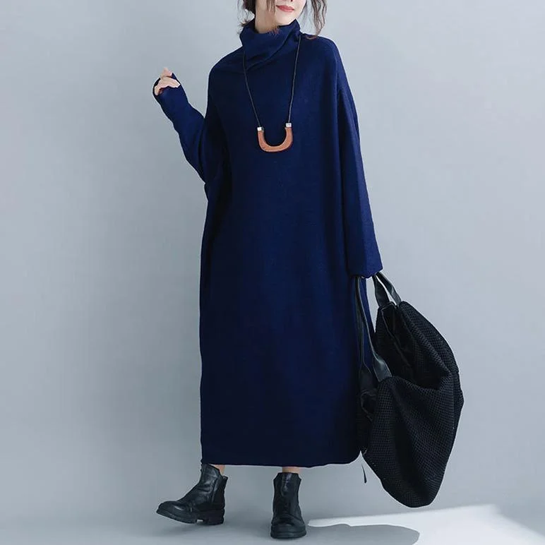 Pullover blue Sweater dress outfit Upcycle baggy spring high neck patchwork knit dress Bishop Sleeve Elegant