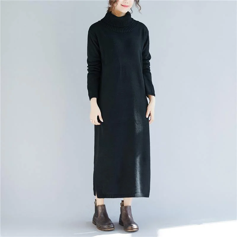 Pullover high neck Sweater dresses Vintage side open black daily knitted dress fall Bell Sleeve Stylish
