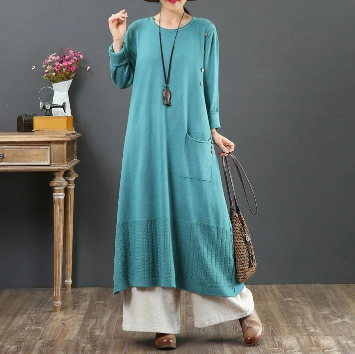 Pullover one pockets Sweater o neck dress outfit DIY blue baggy knit dress Ruffled Neck Pullover